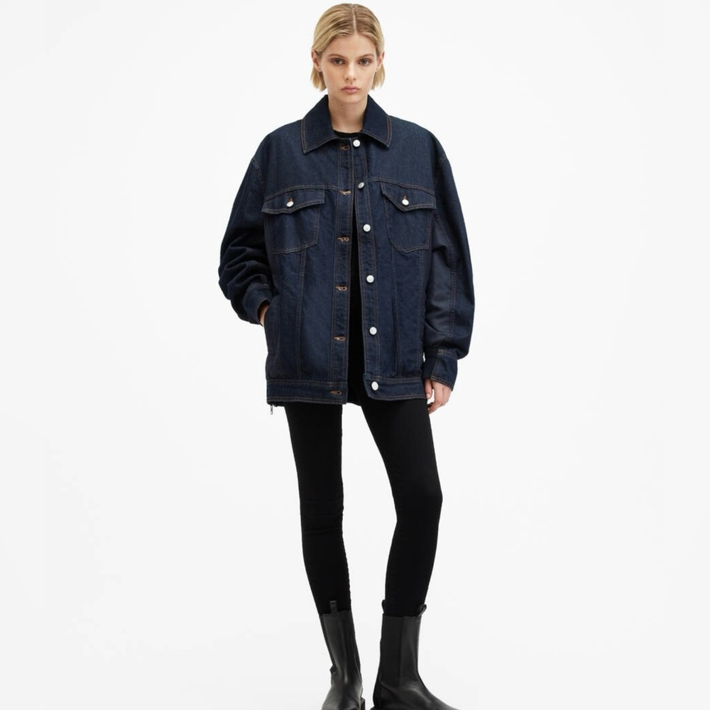 All Saints denim and nylon trucker jacket rinse denim with ruched nylon back NWT - Picture 6 of 13